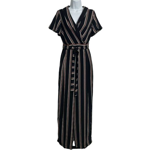 June & Hudson Striped Jumpsuit Womens Size S Black Belted Zip Side - Picture 1 of 7
